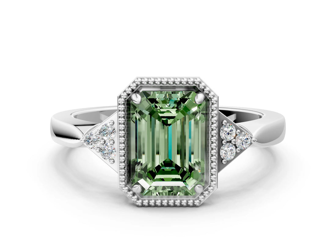 White gold Hexagonal Halo Fancy Green Emerald Cut Diamond Solitaire with Pavé Band and Four-Prong Setting_15