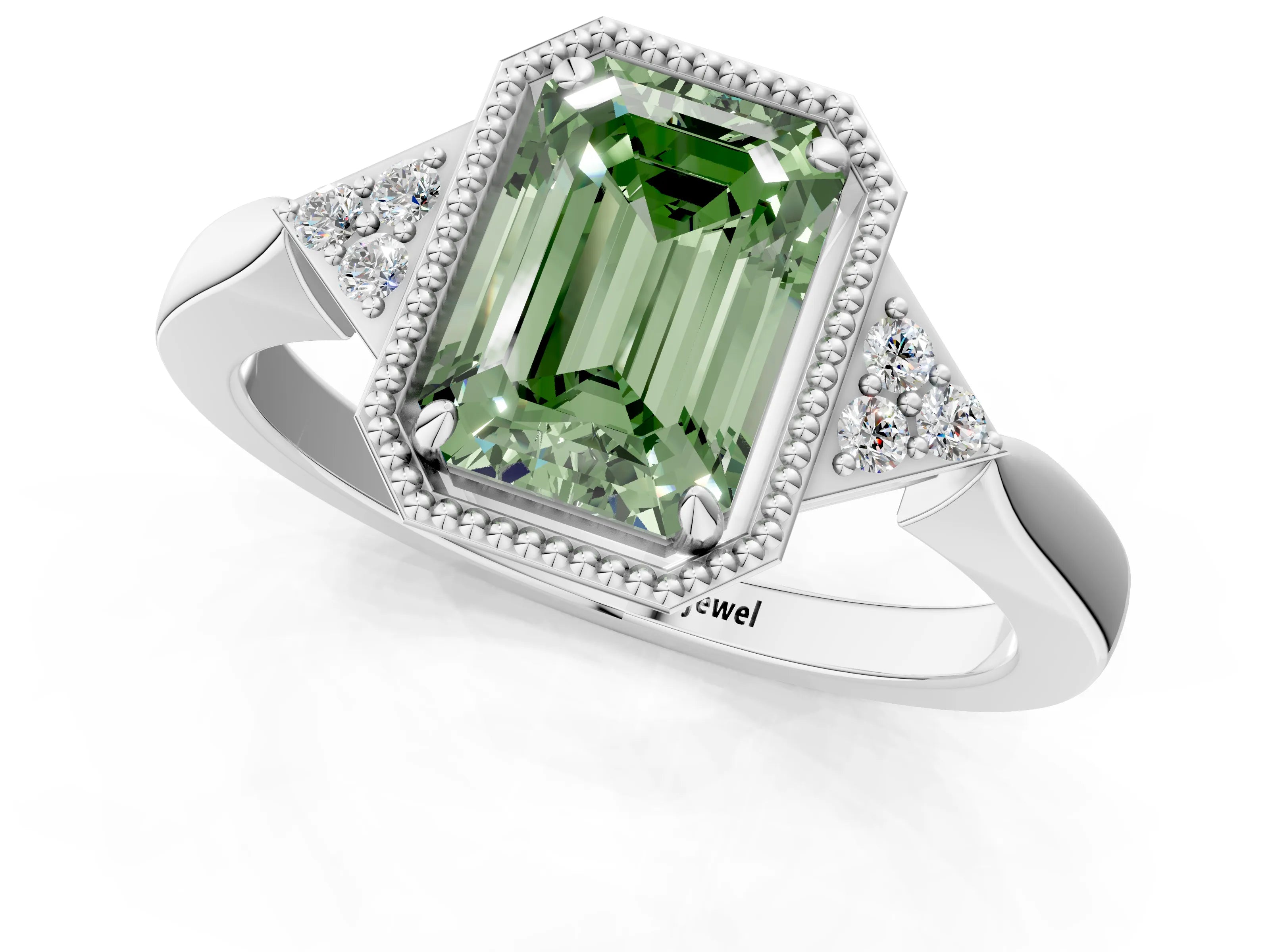 White gold Hexagonal Halo Fancy Green Emerald Cut Diamond Solitaire with Pavé Band and Four-Prong Setting_16