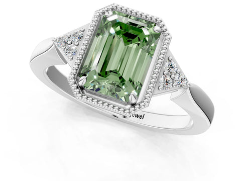 White gold Hexagonal Halo Fancy Green Emerald Cut Diamond Solitaire with Pavé Band and Four-Prong Setting_16