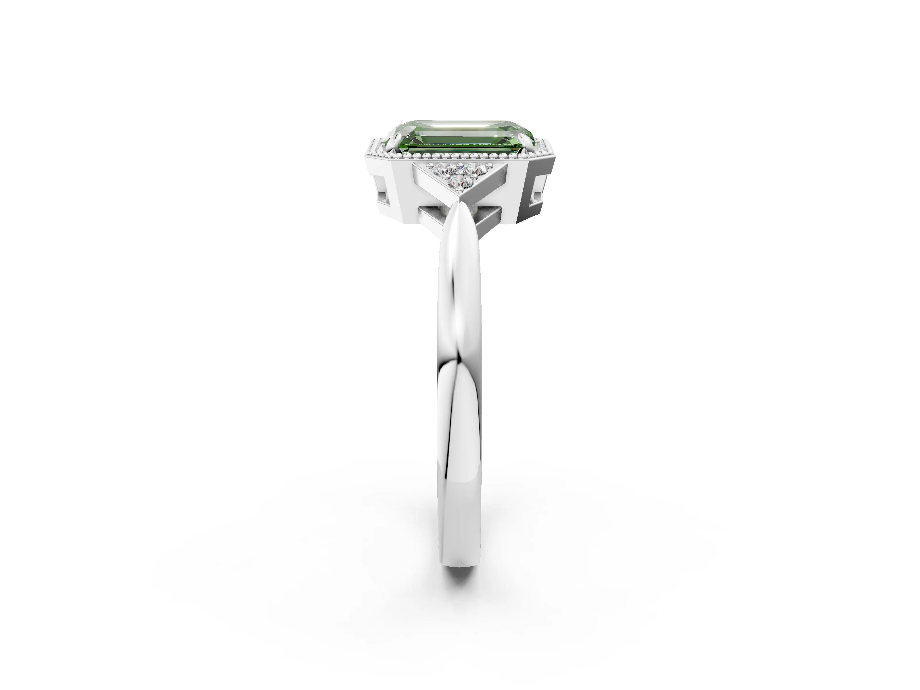 White gold Hexagonal Halo Fancy Green Emerald Cut Diamond Solitaire with Pavé Band and Four-Prong Setting_17