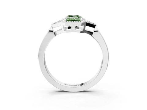 White gold Hexagonal Halo Fancy Green Emerald Cut Diamond Solitaire with Pavé Band and Four-Prong Setting_18