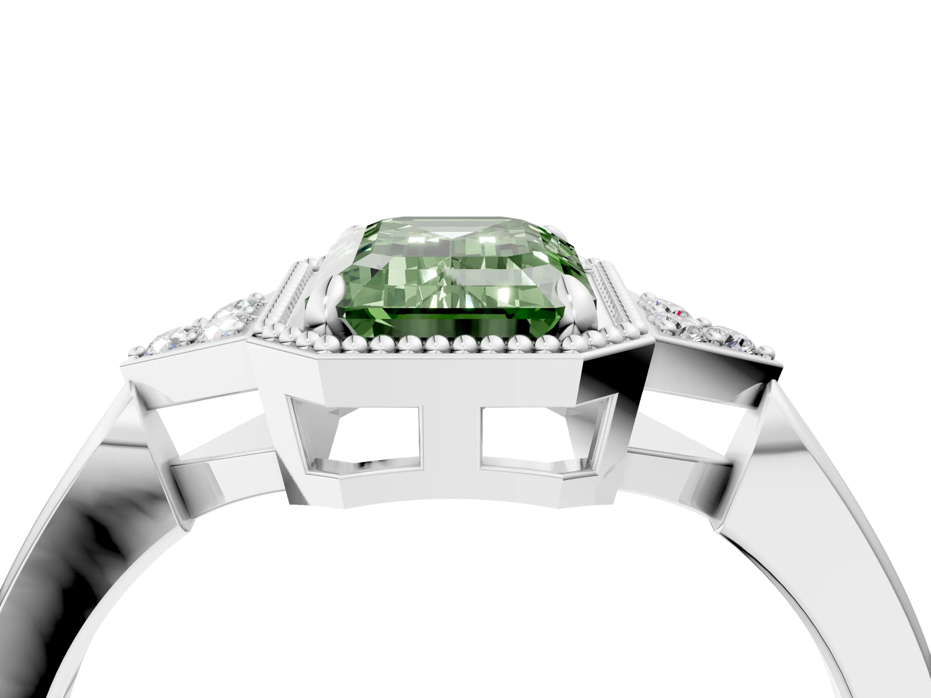 White gold Hexagonal Halo Fancy Green Emerald Cut Diamond Solitaire with Pavé Band and Four-Prong Setting_19