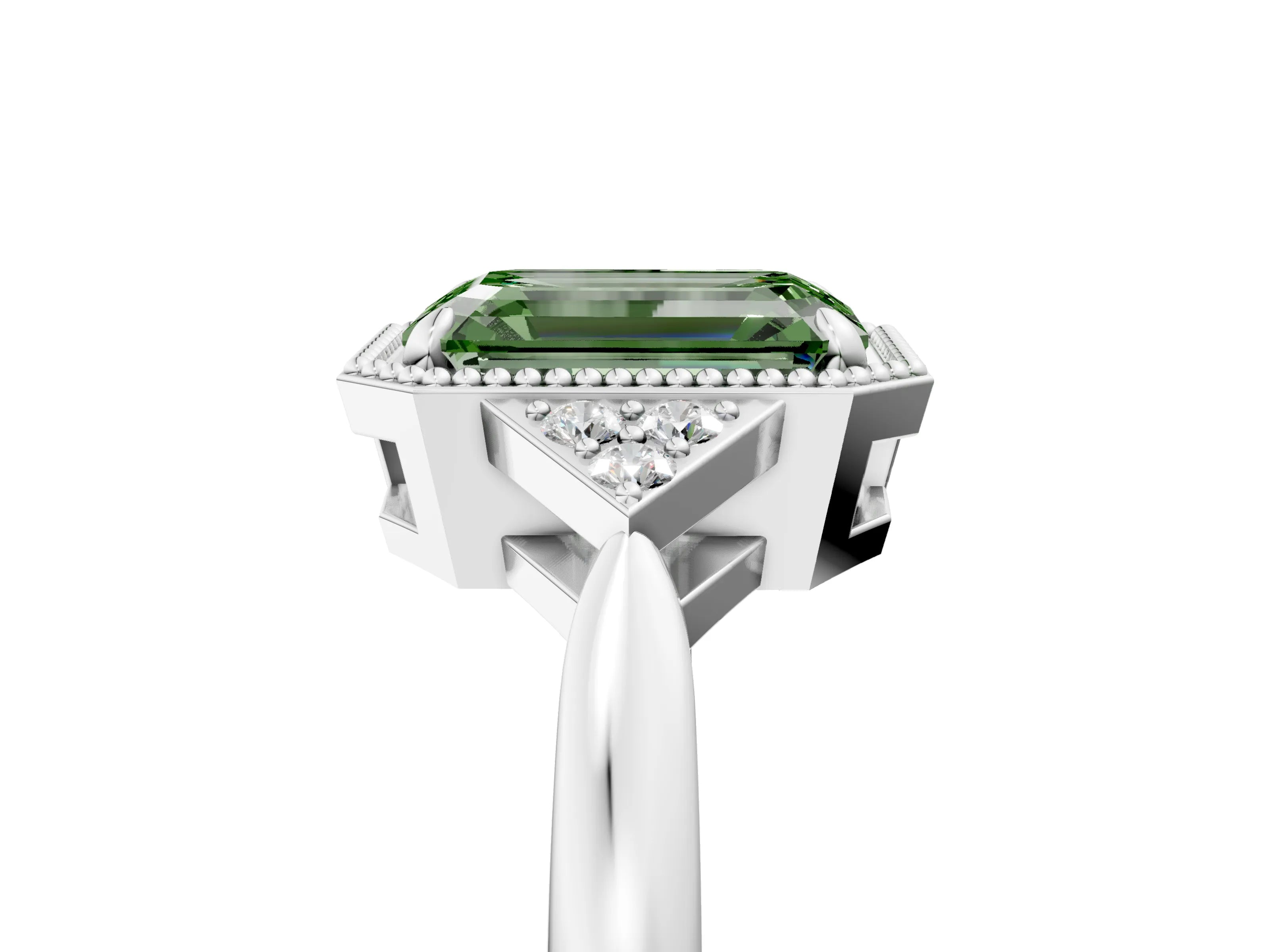 White gold Hexagonal Halo Fancy Green Emerald Cut Diamond Solitaire with Pavé Band and Four-Prong Setting_20
