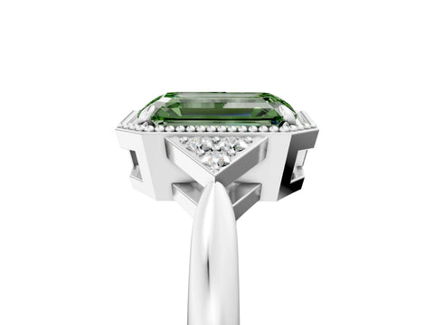 White gold Hexagonal Halo Fancy Green Emerald Cut Diamond Solitaire with Pavé Band and Four-Prong Setting_20