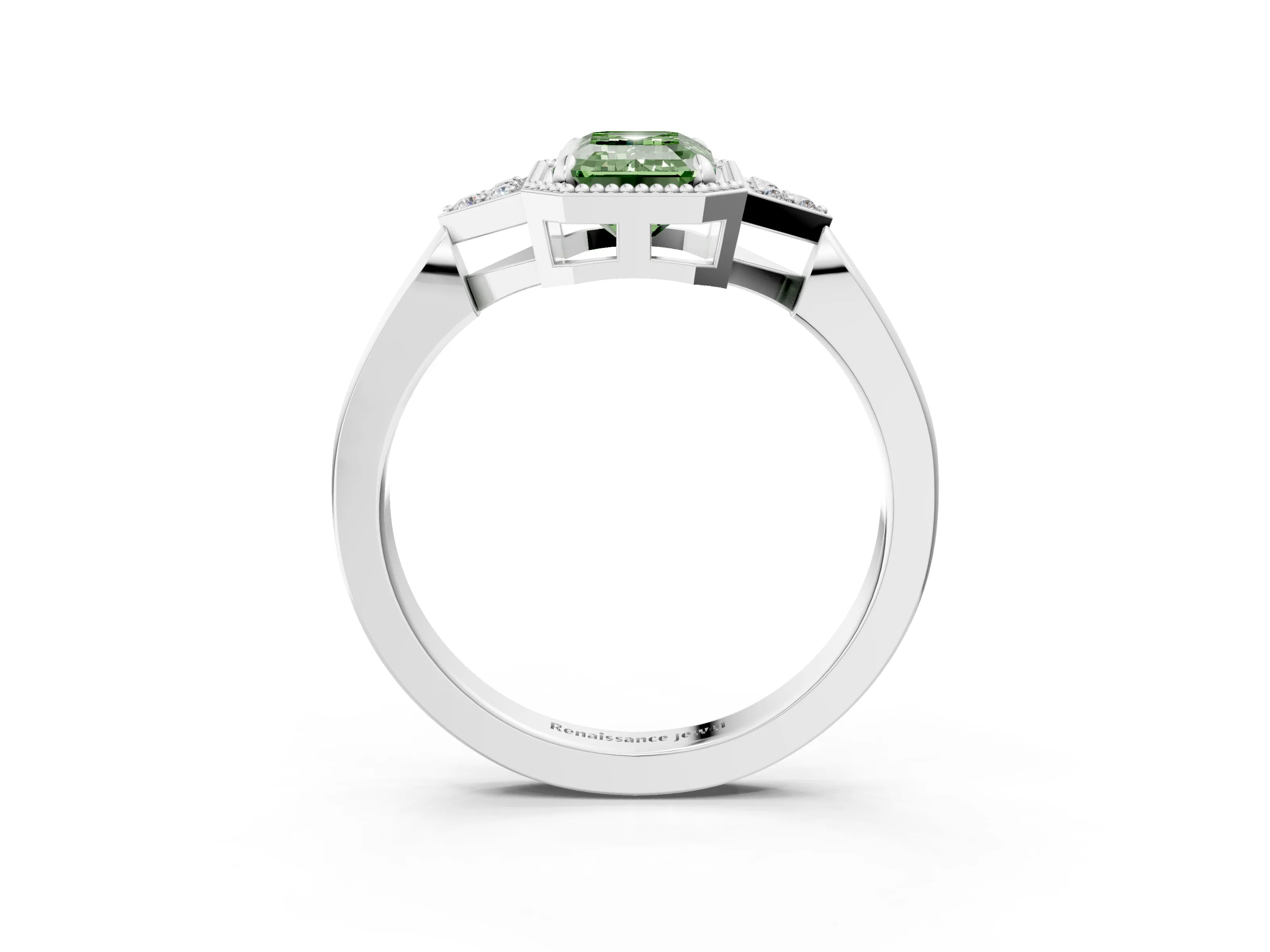 White gold Hexagonal Halo Fancy Green Emerald Cut Diamond Solitaire with Pavé Band and Four-Prong Setting_6