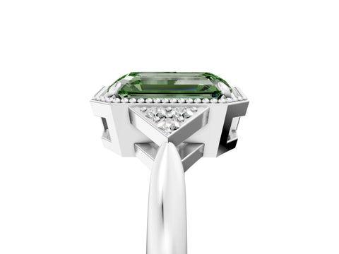 White gold Hexagonal Halo Fancy Green Emerald Cut Diamond Solitaire with Pavé Band and Four-Prong Setting_8
