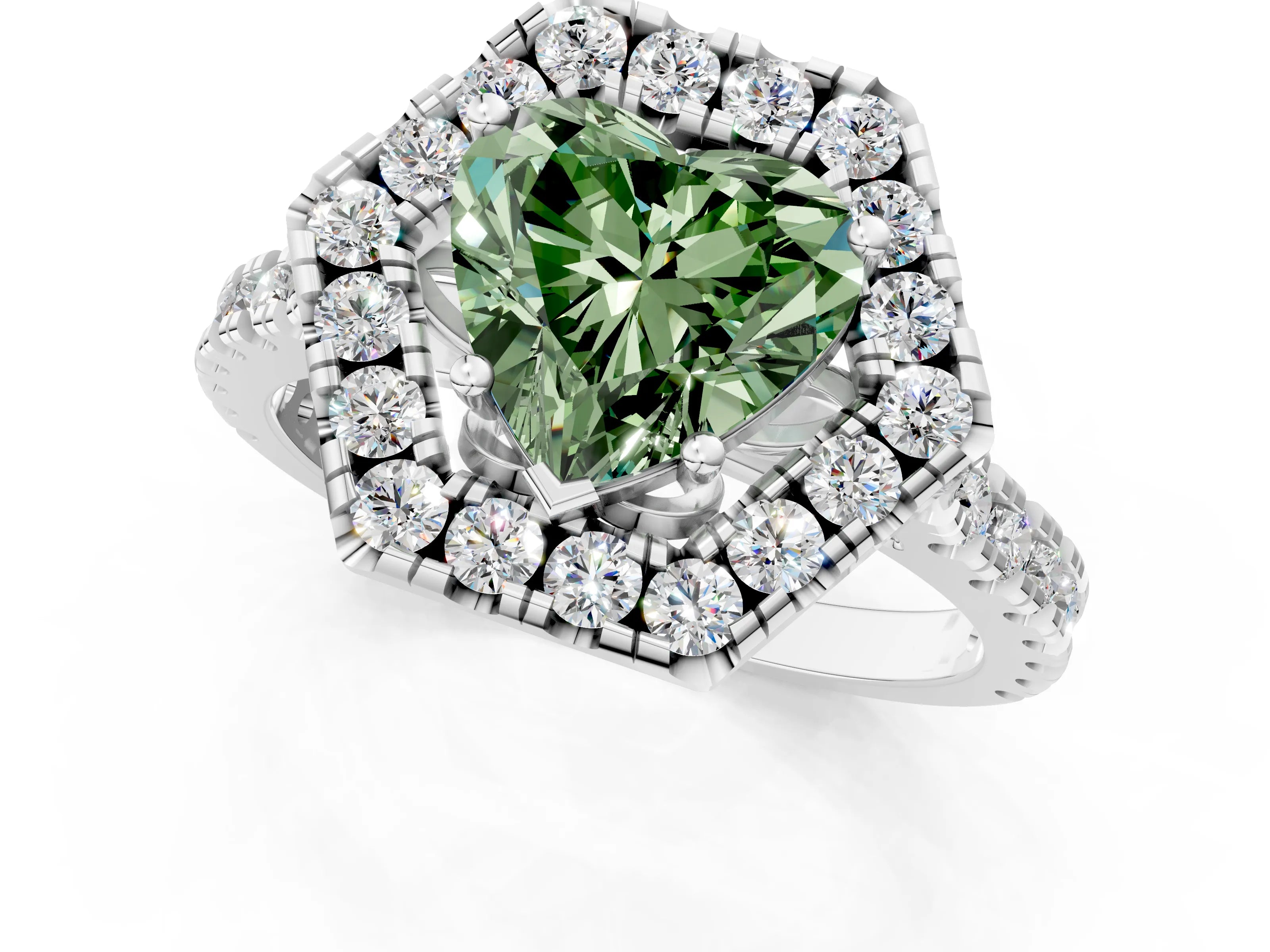 White gold Hexagonal Halo Fancy Green Heart Cut Diamond Pavé Band with Four-Prong Setting_1