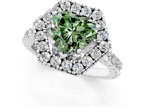 White gold Hexagonal Halo Fancy Green Heart Cut Diamond Pavé Band with Four-Prong Setting_1