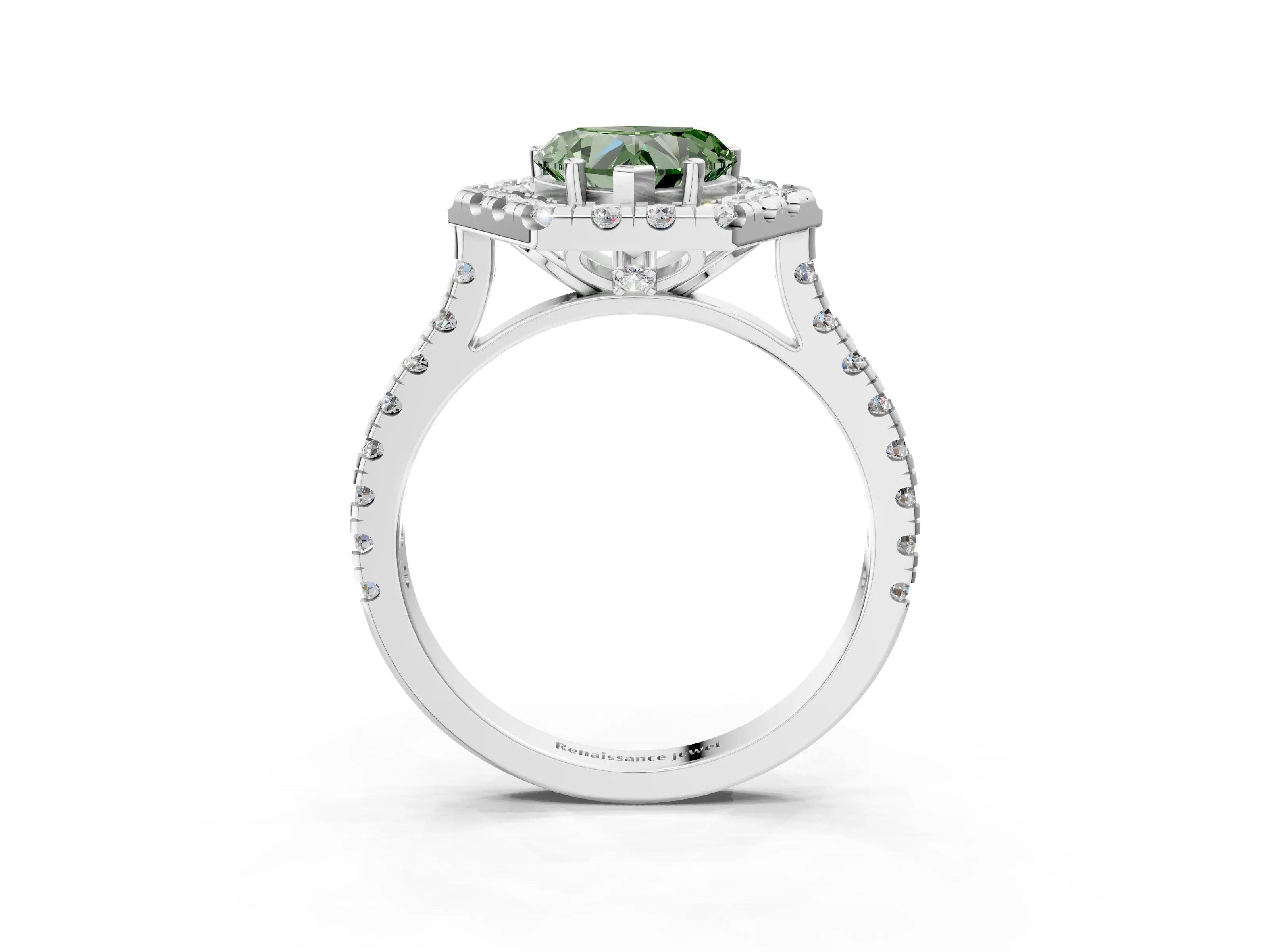 White gold Hexagonal Halo Fancy Green Heart Cut Diamond Pavé Band with Four-Prong Setting_3