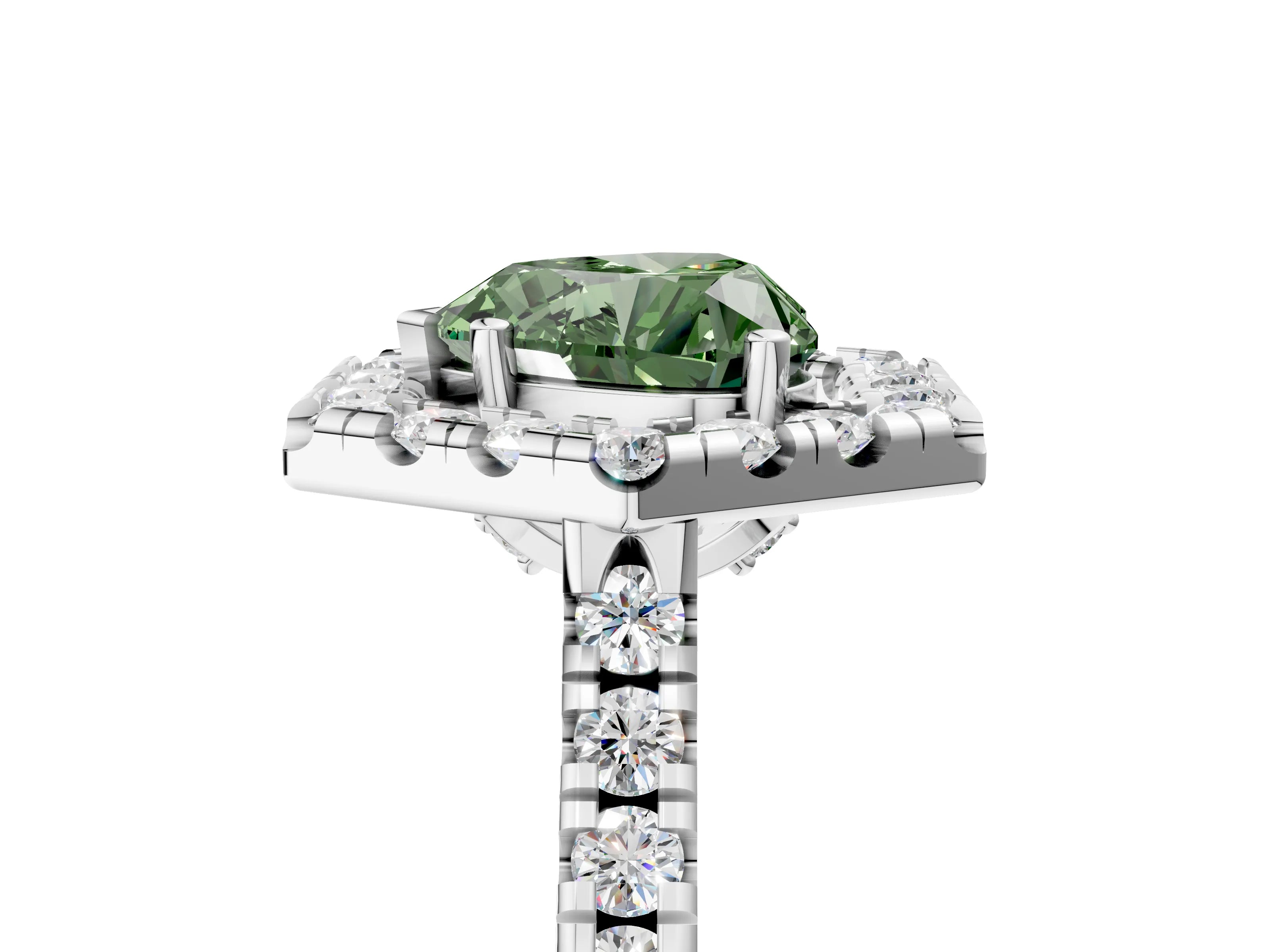 White gold Hexagonal Halo Fancy Green Heart Cut Diamond Pavé Band with Four-Prong Setting_5