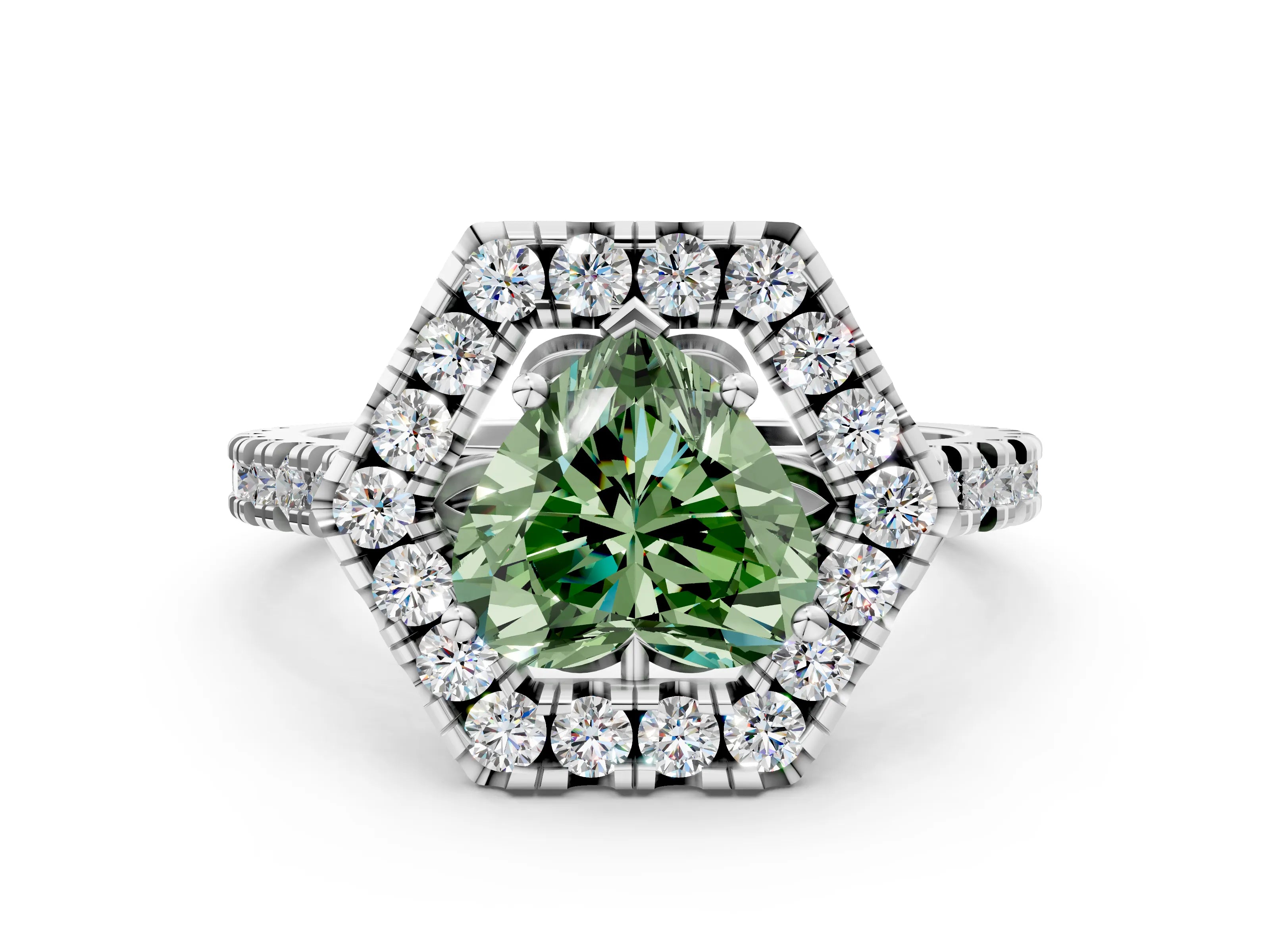 White gold Hexagonal Halo Fancy Green Heart Cut Diamond Pavé Band with Four-Prong Setting