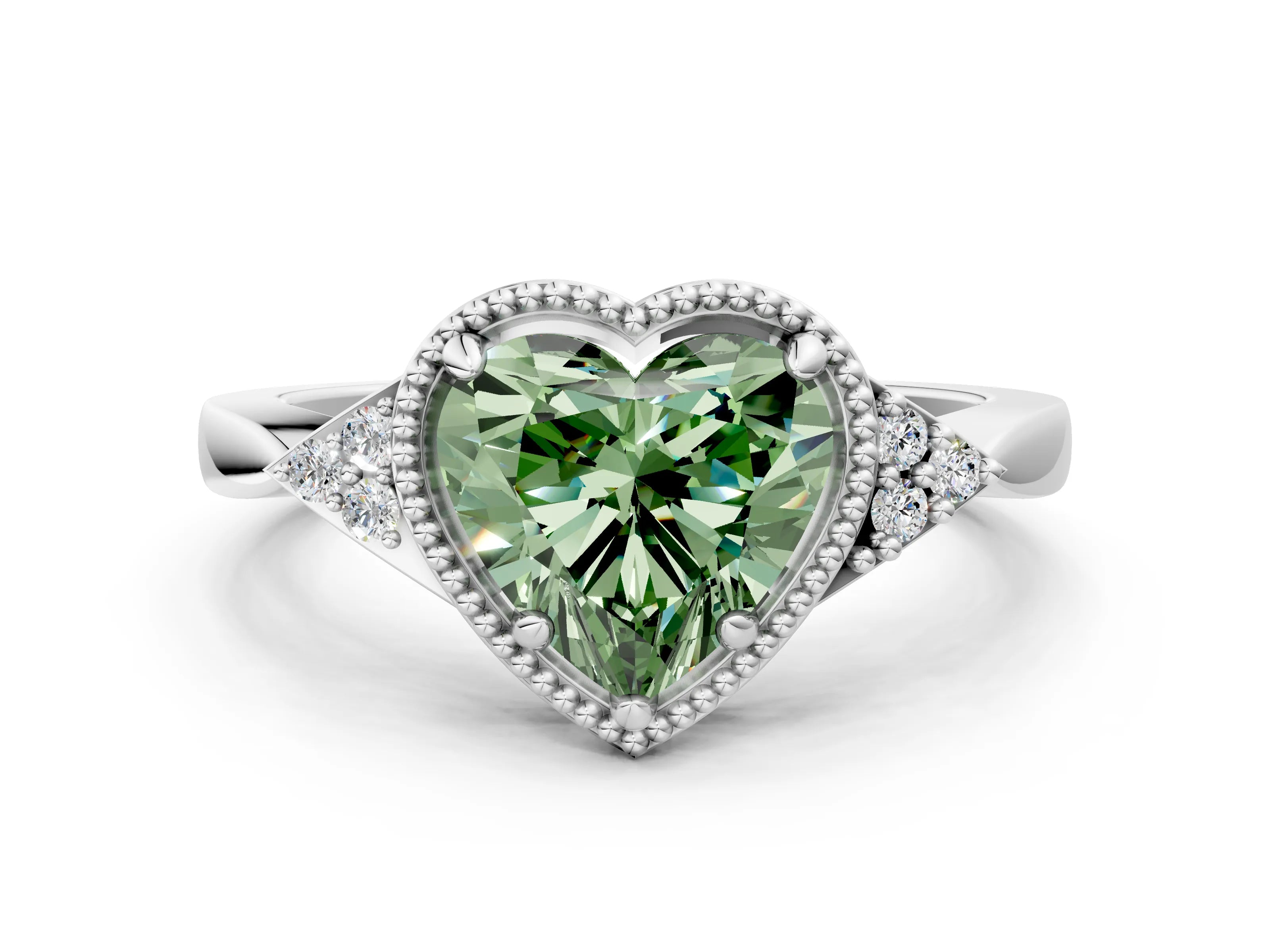 White gold Hexagonal Halo Fancy Green Heart Cut Diamond Solitaire with Pavé Band and Four-Prong Setting_15