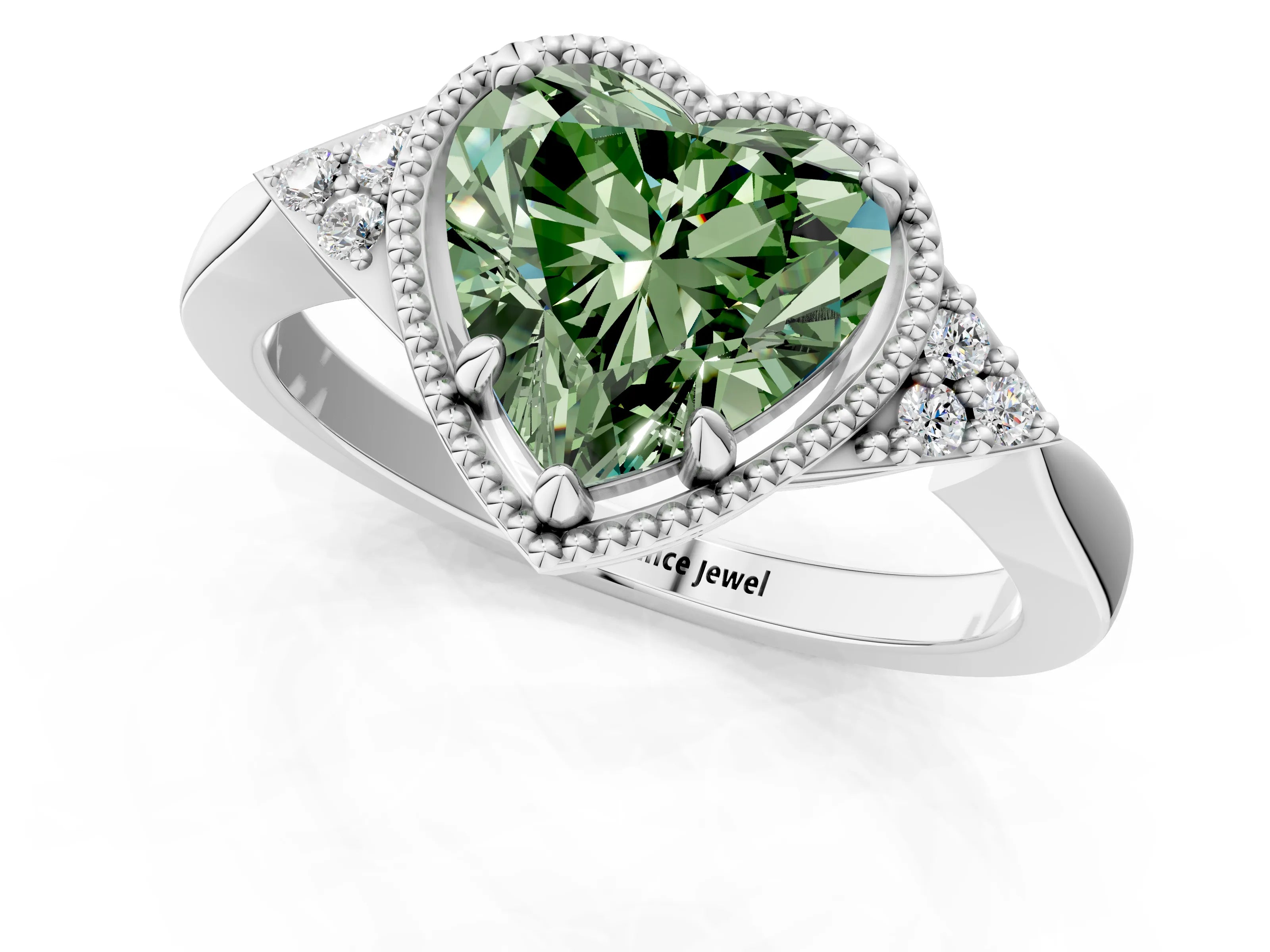 White gold Hexagonal Halo Fancy Green Heart Cut Diamond Solitaire with Pavé Band and Four-Prong Setting_16