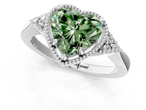 White gold Hexagonal Halo Fancy Green Heart Cut Diamond Solitaire with Pavé Band and Four-Prong Setting_16