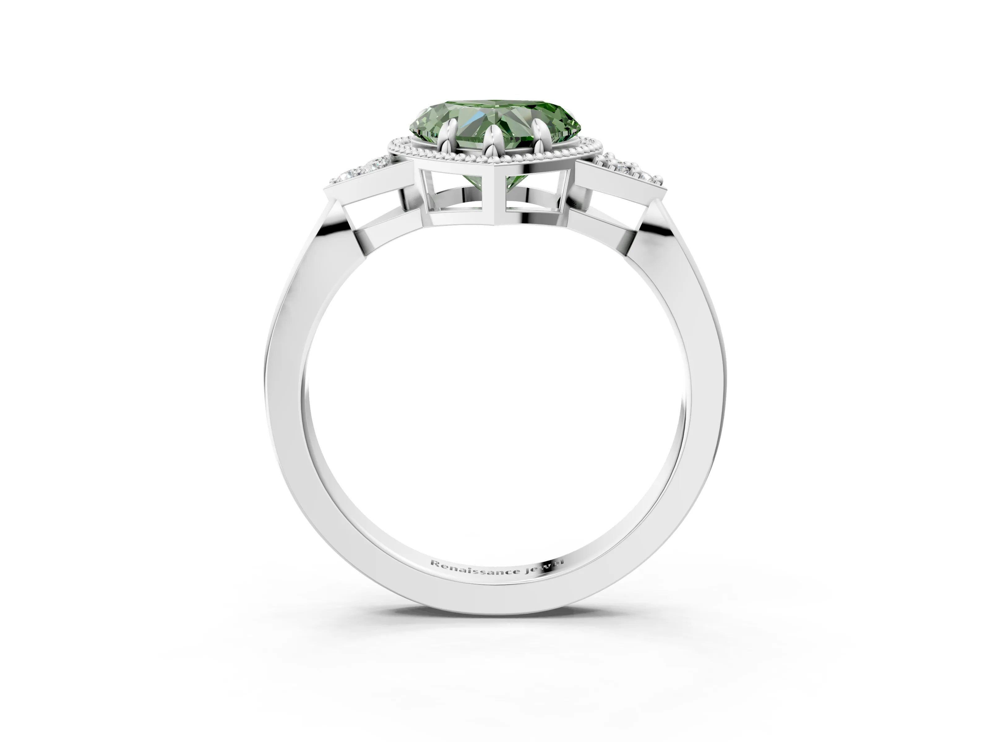 White gold Hexagonal Halo Fancy Green Heart Cut Diamond Solitaire with Pavé Band and Four-Prong Setting_18