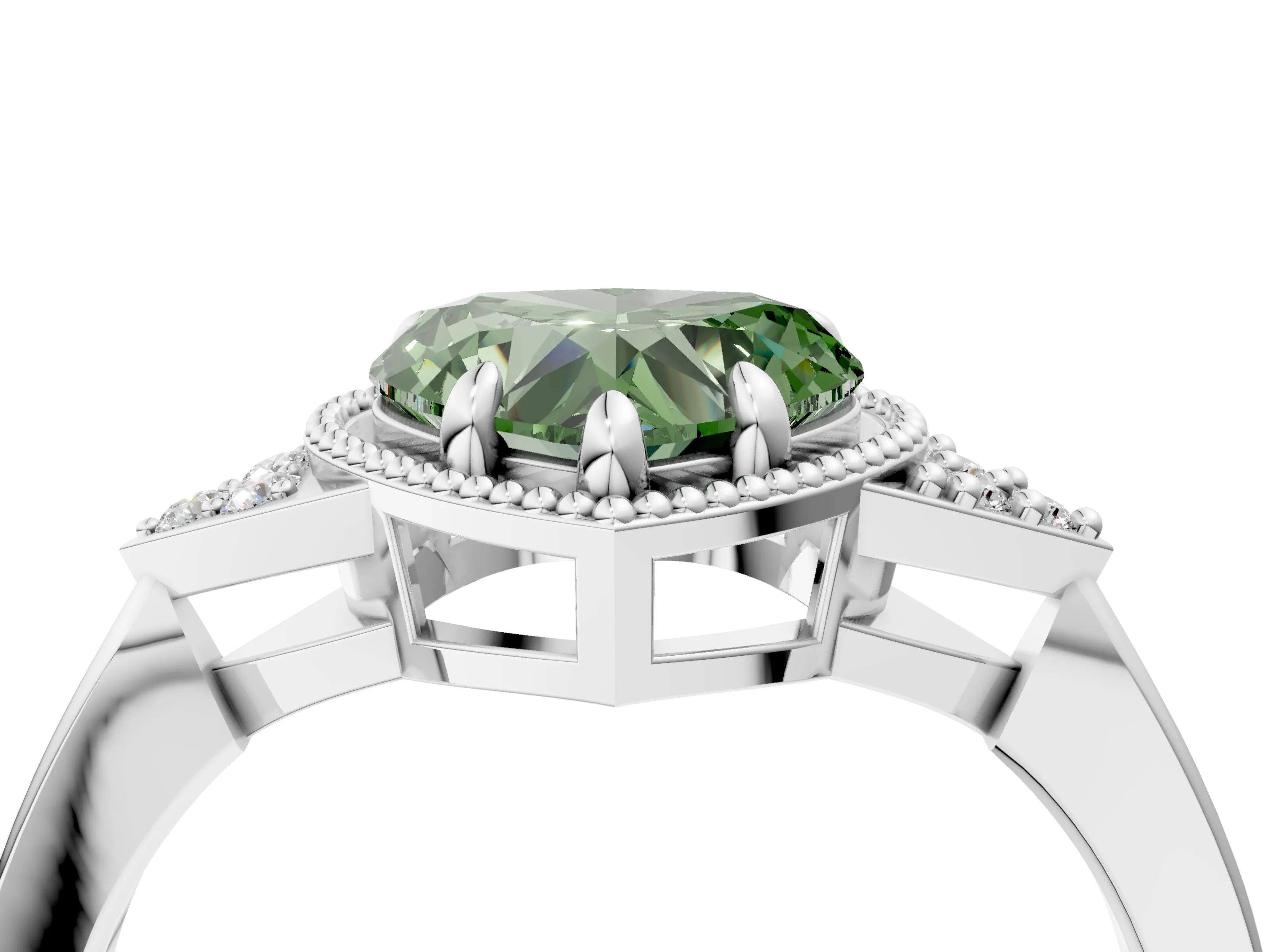 White gold Hexagonal Halo Fancy Green Heart Cut Diamond Solitaire with Pavé Band and Four-Prong Setting_19