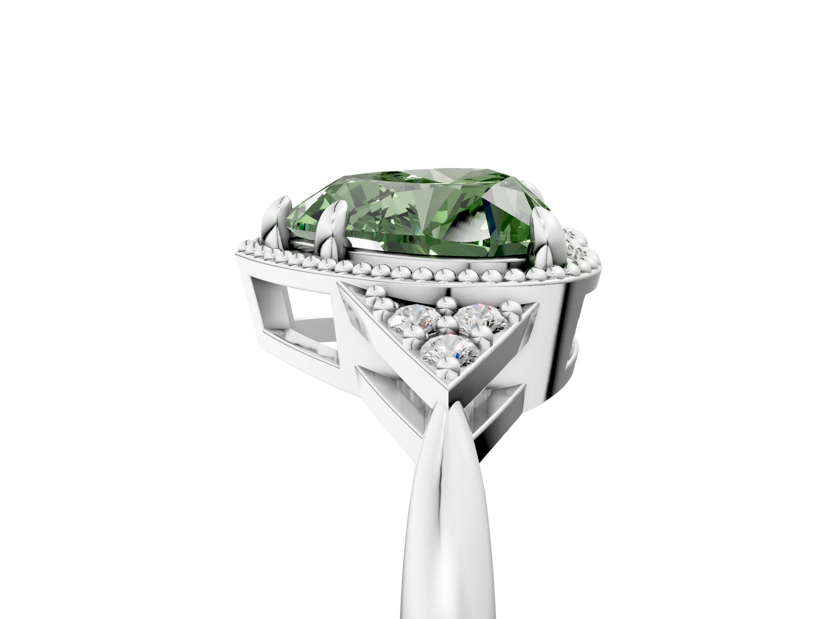 White gold Hexagonal Halo Fancy Green Heart Cut Diamond Solitaire with Pavé Band and Four-Prong Setting_20