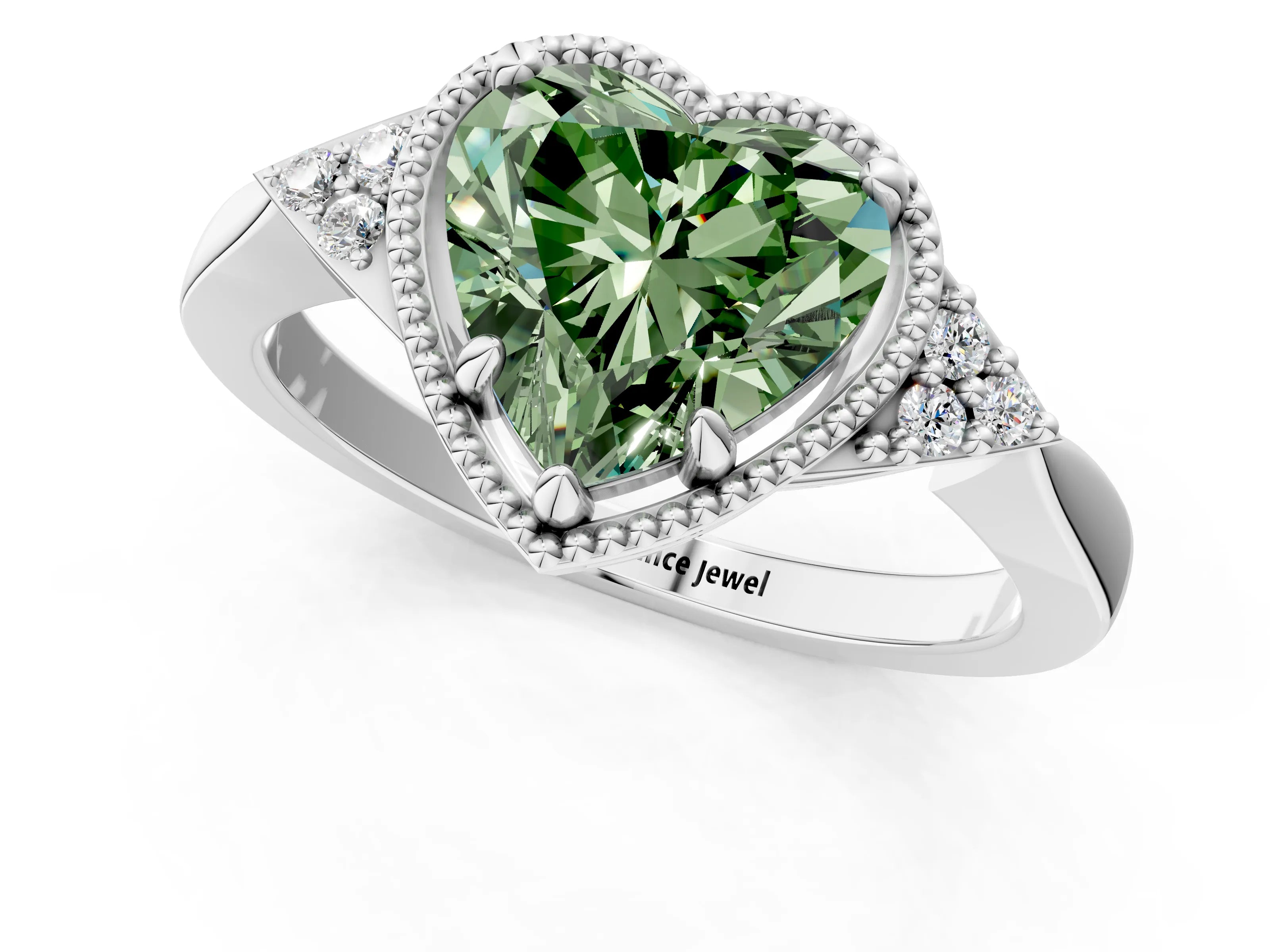 White gold Hexagonal Halo Fancy Green Heart Cut Diamond Solitaire with Pavé Band and Four-Prong Setting_4