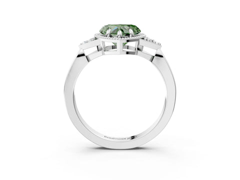 White gold Hexagonal Halo Fancy Green Heart Cut Diamond Solitaire with Pavé Band and Four-Prong Setting_6