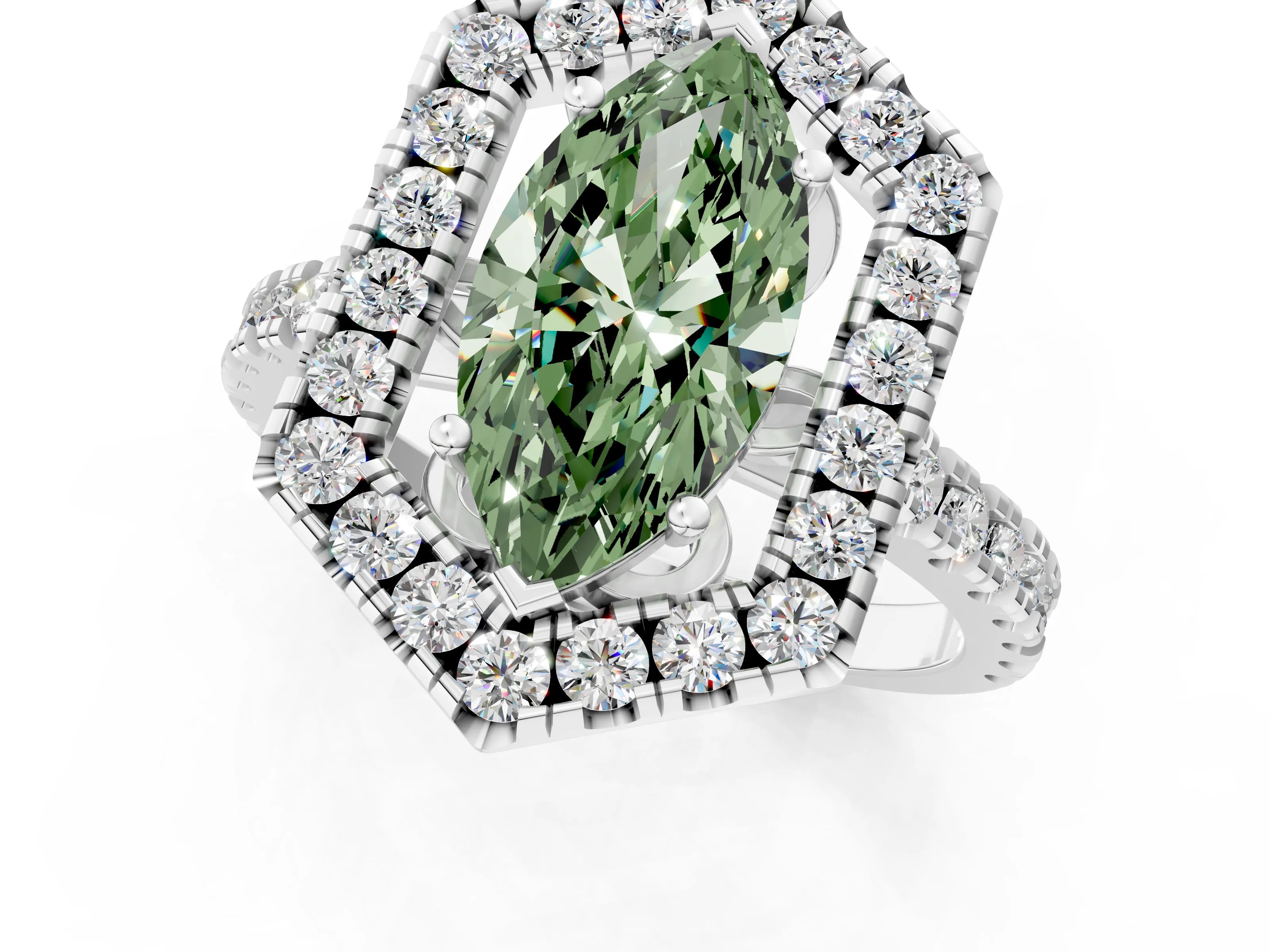 White gold Hexagonal Halo Fancy Green Marquise Cut Diamond Pavé Band with Four-Prong Setting_13