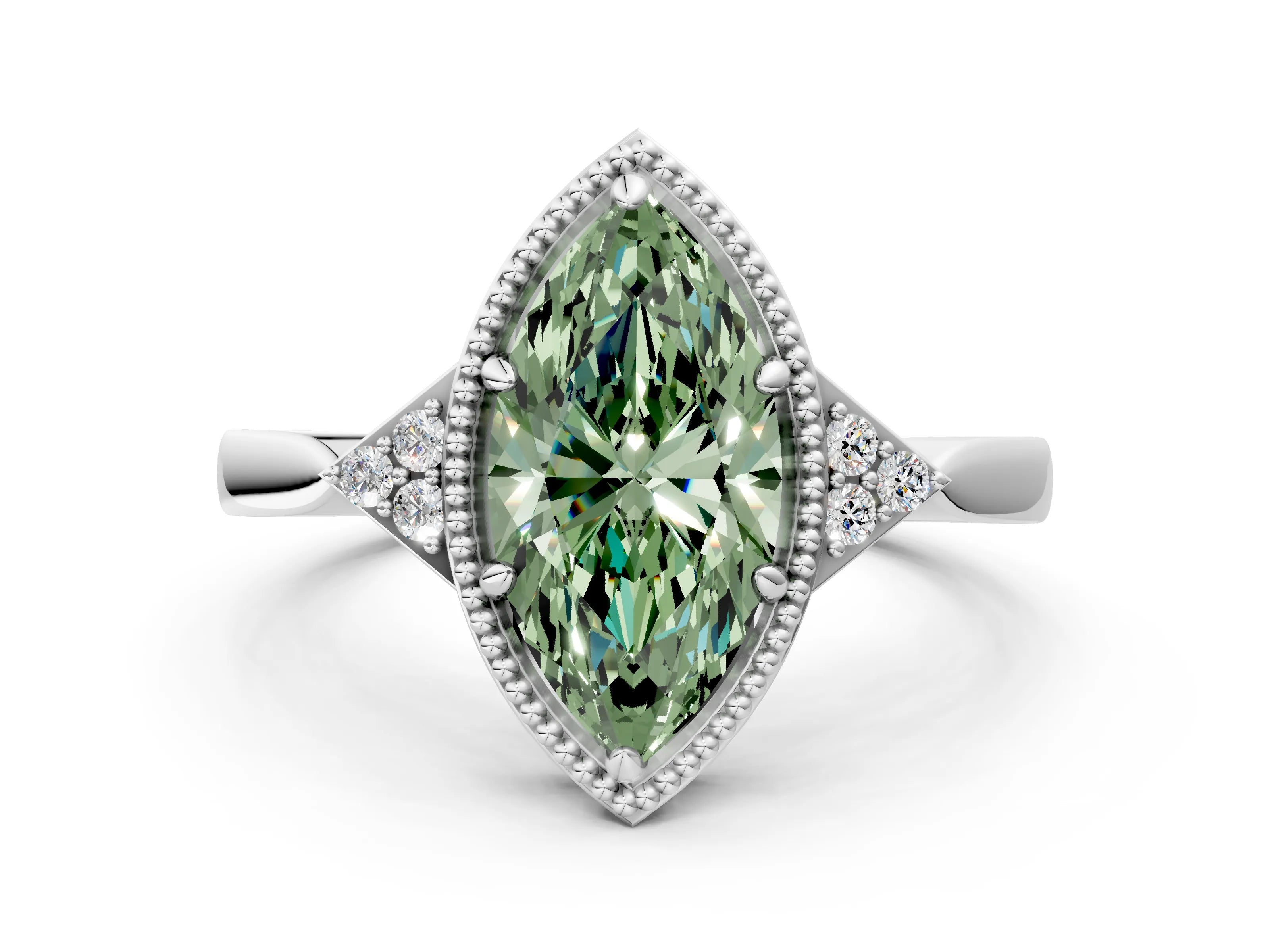 White gold Hexagonal Halo Fancy Green Marquise Cut Diamond Solitaire with Pavé Band and Four-Prong Setting_15