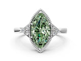 White gold Hexagonal Halo Fancy Green Marquise Cut Diamond Solitaire with Pavé Band and Four-Prong Setting_15