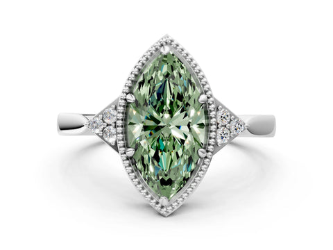 White gold Hexagonal Halo Fancy Green Marquise Cut Diamond Solitaire with Pavé Band and Four-Prong Setting_15