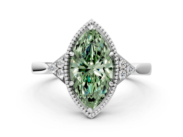 White gold Hexagonal Halo Fancy Green Marquise Cut Diamond Solitaire with Pavé Band and Four-Prong Setting
