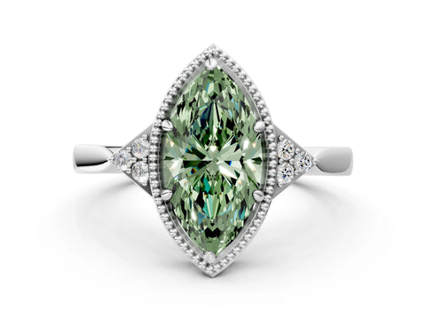 White gold Hexagonal Halo Fancy Green Marquise Cut Diamond Solitaire with Pavé Band and Four-Prong Setting_21
