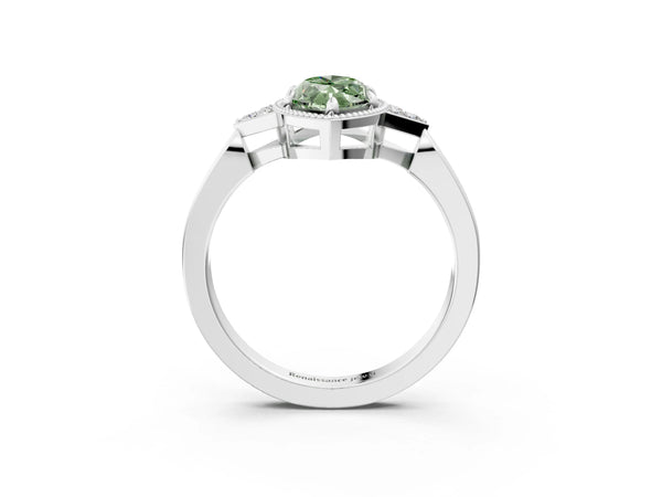 White gold Hexagonal Halo Fancy Green Marquise Cut Diamond Solitaire with Pavé Band and Four-Prong Setting