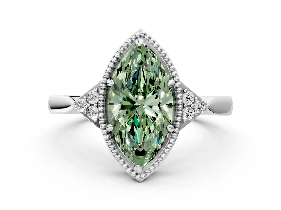 White gold Hexagonal Halo Fancy Green Marquise Cut Diamond Solitaire with Pavé Band and Four-Prong Setting_27