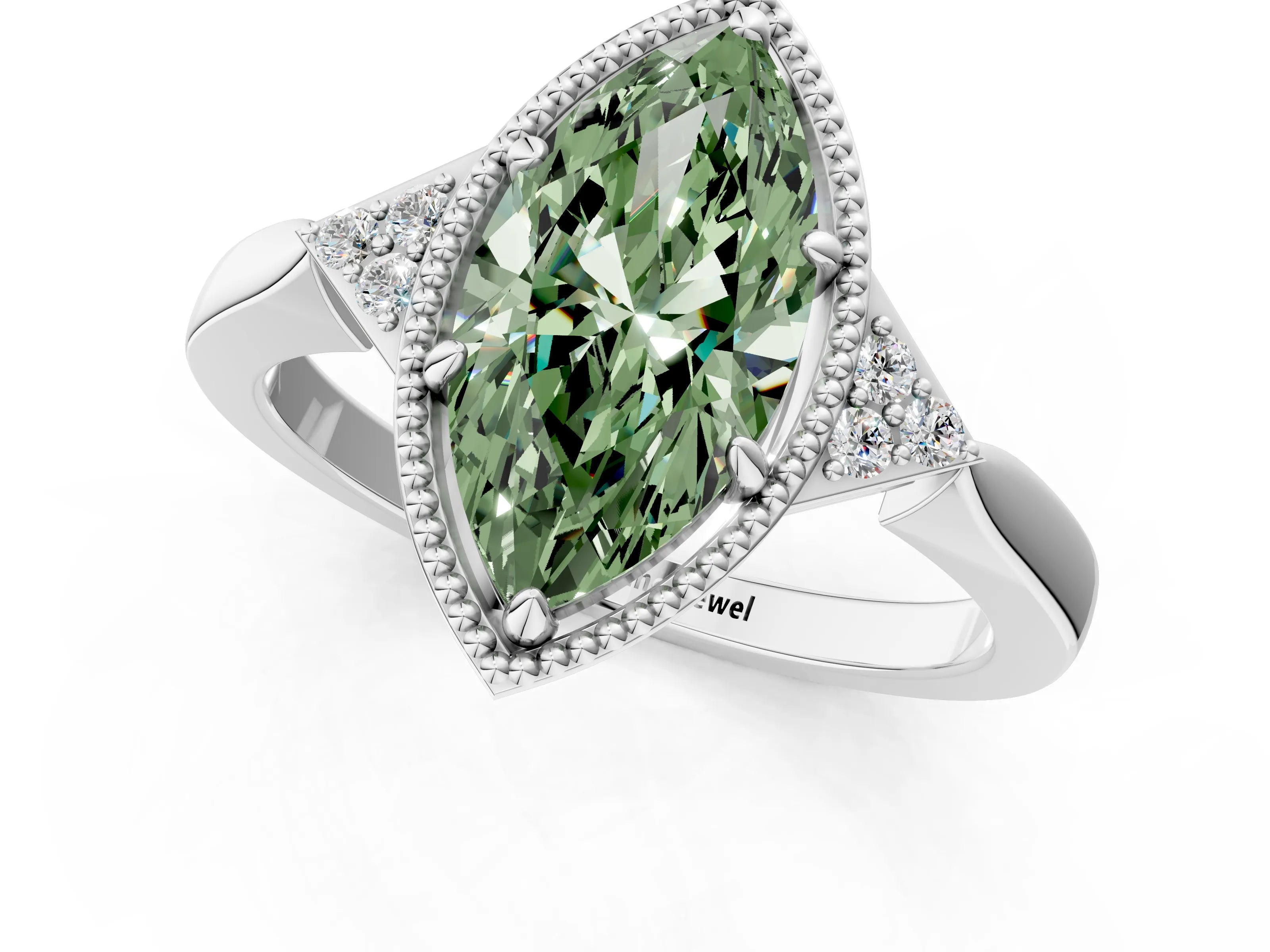 White gold Hexagonal Halo Fancy Green Marquise Cut Diamond Solitaire with Pavé Band and Four-Prong Setting_28