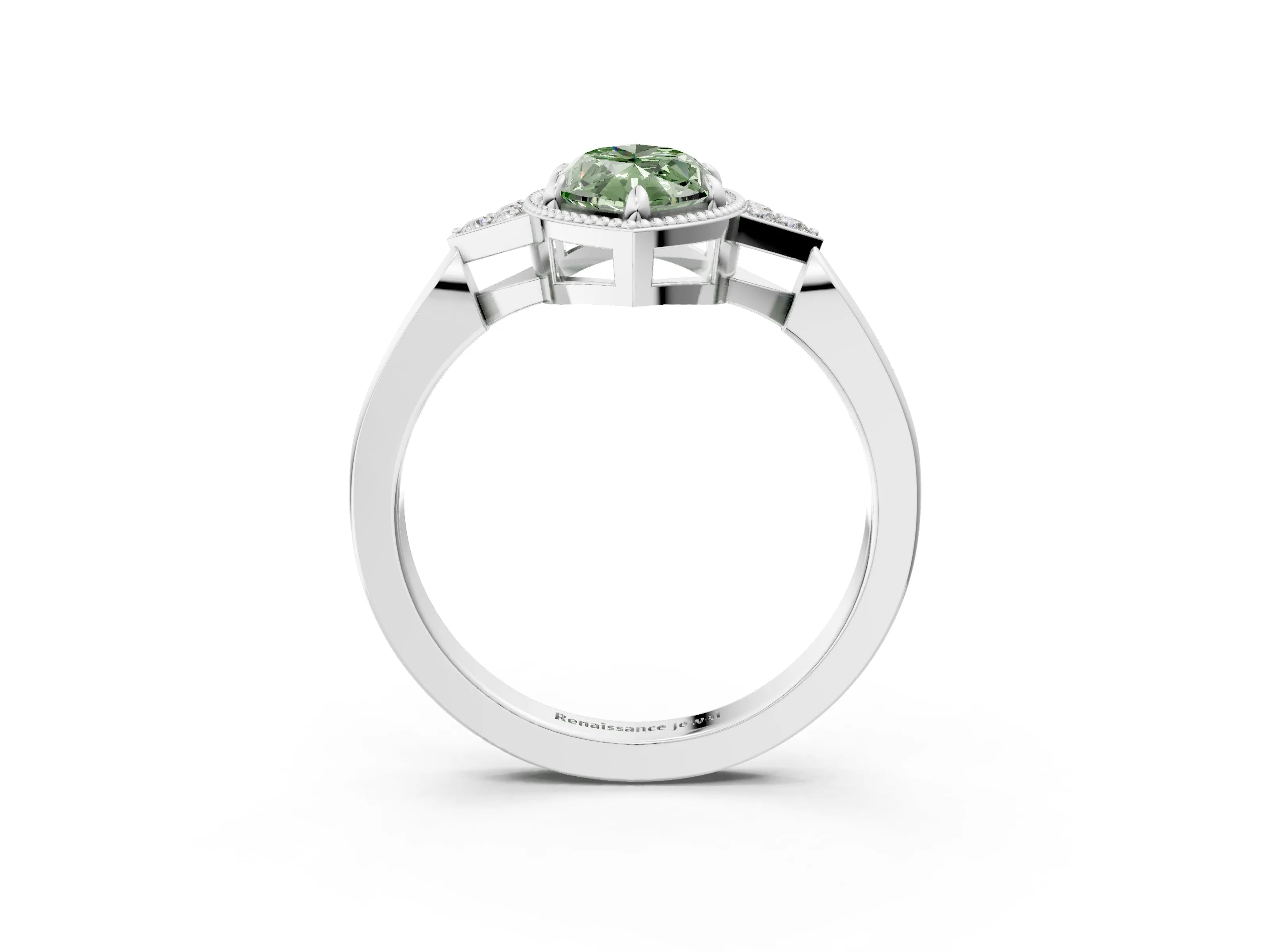 White gold Hexagonal Halo Fancy Green Marquise Cut Diamond Solitaire with Pavé Band and Four-Prong Setting_30