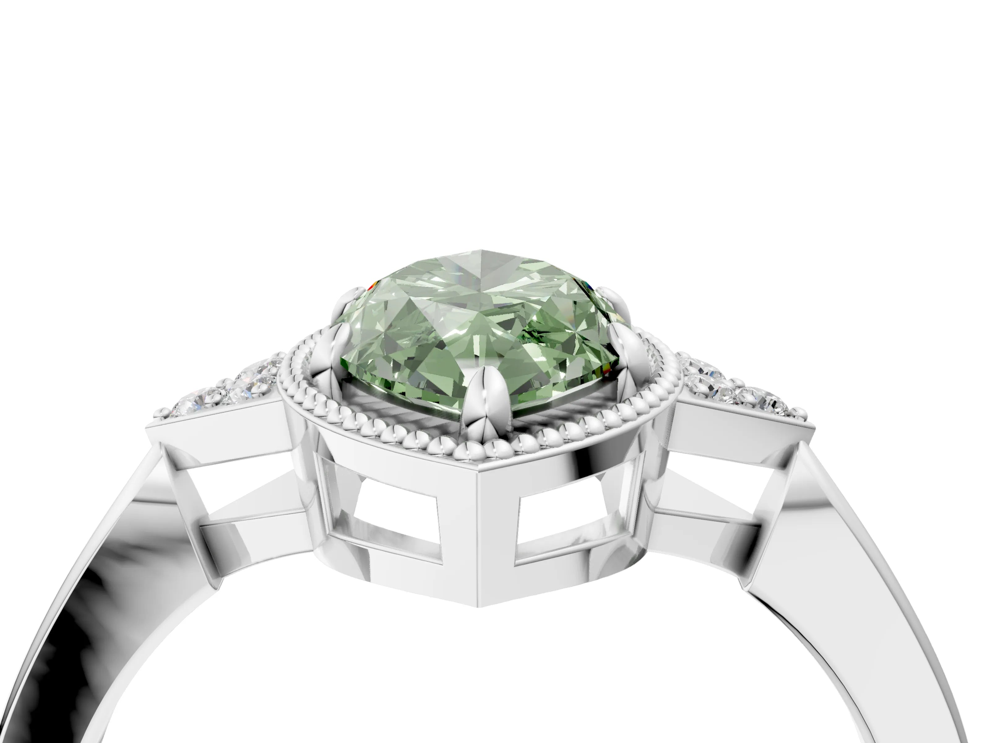 White gold Hexagonal Halo Fancy Green Marquise Cut Diamond Solitaire with Pavé Band and Four-Prong Setting_31