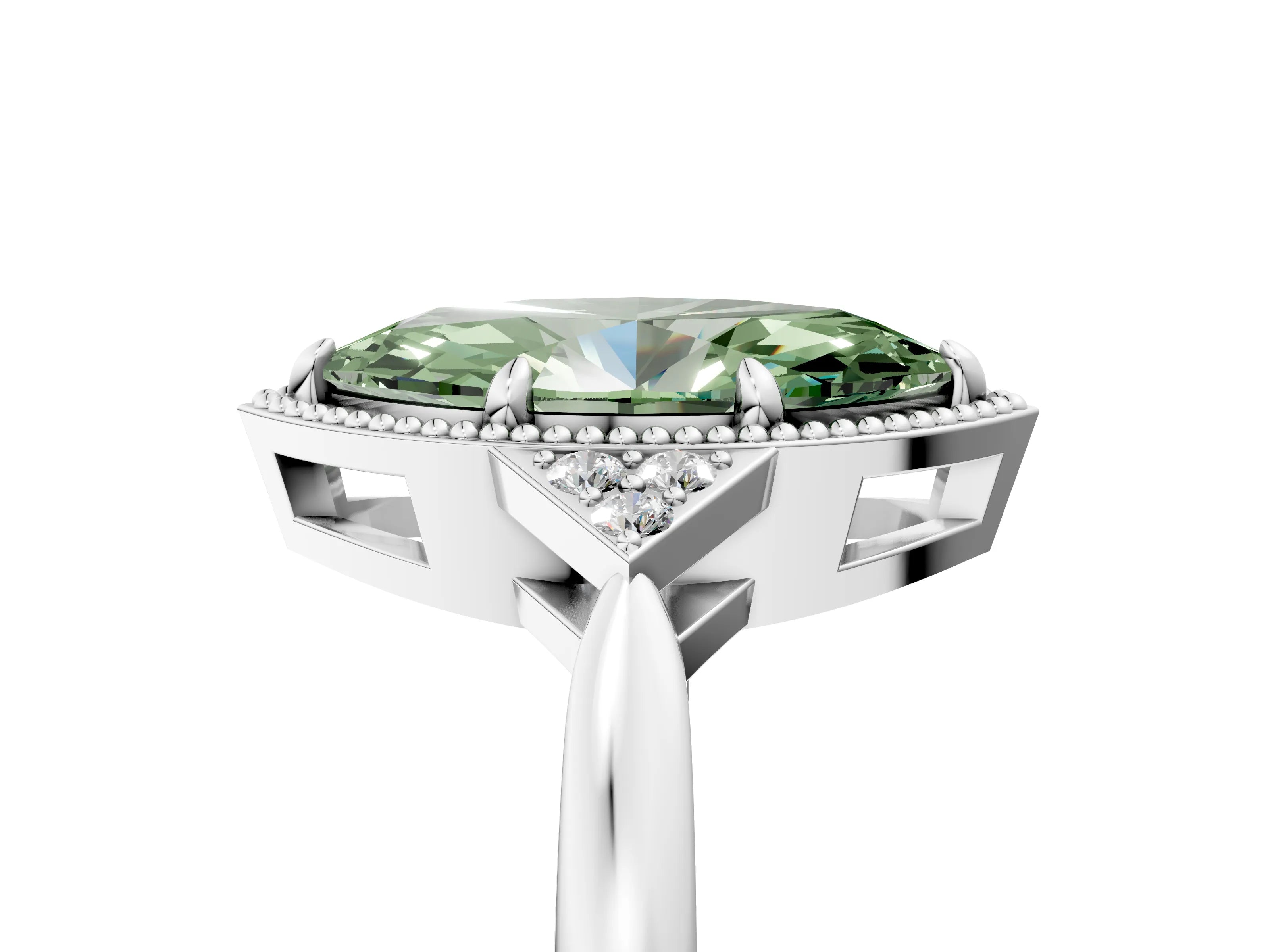 White gold Hexagonal Halo Fancy Green Marquise Cut Diamond Solitaire with Pavé Band and Four-Prong Setting_32
