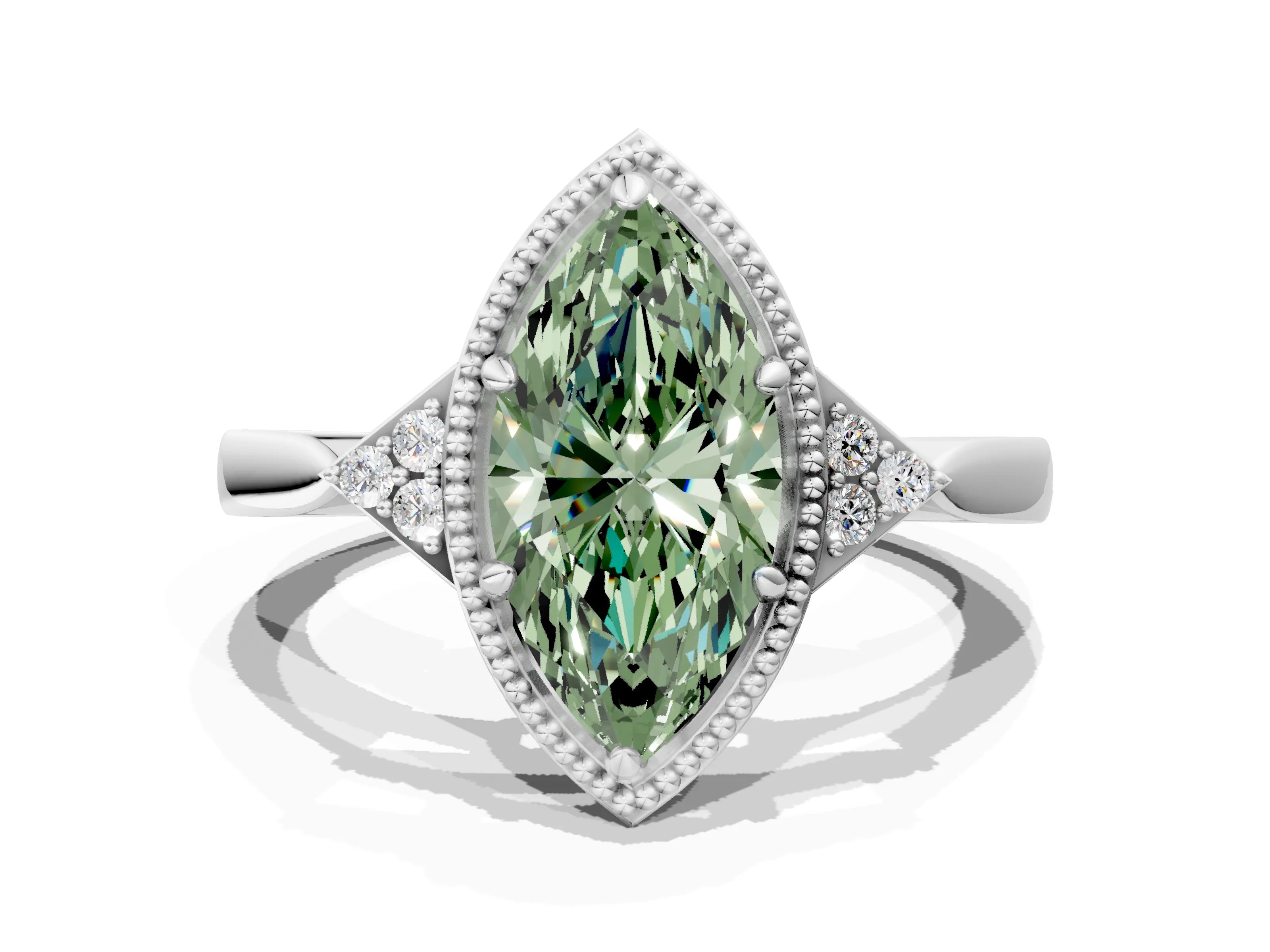 White gold Hexagonal Halo Fancy Green Marquise Cut Diamond Solitaire with Pavé Band and Four-Prong Setting_3