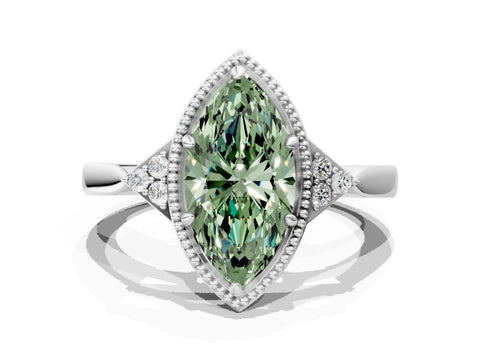 White gold Hexagonal Halo Fancy Green Marquise Cut Diamond Solitaire with Pavé Band and Four-Prong Setting_3