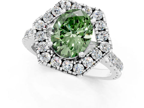 White gold Hexagonal Halo Fancy Green Oval Cut Diamond Pavé Band with Four-Prong Setting_1
