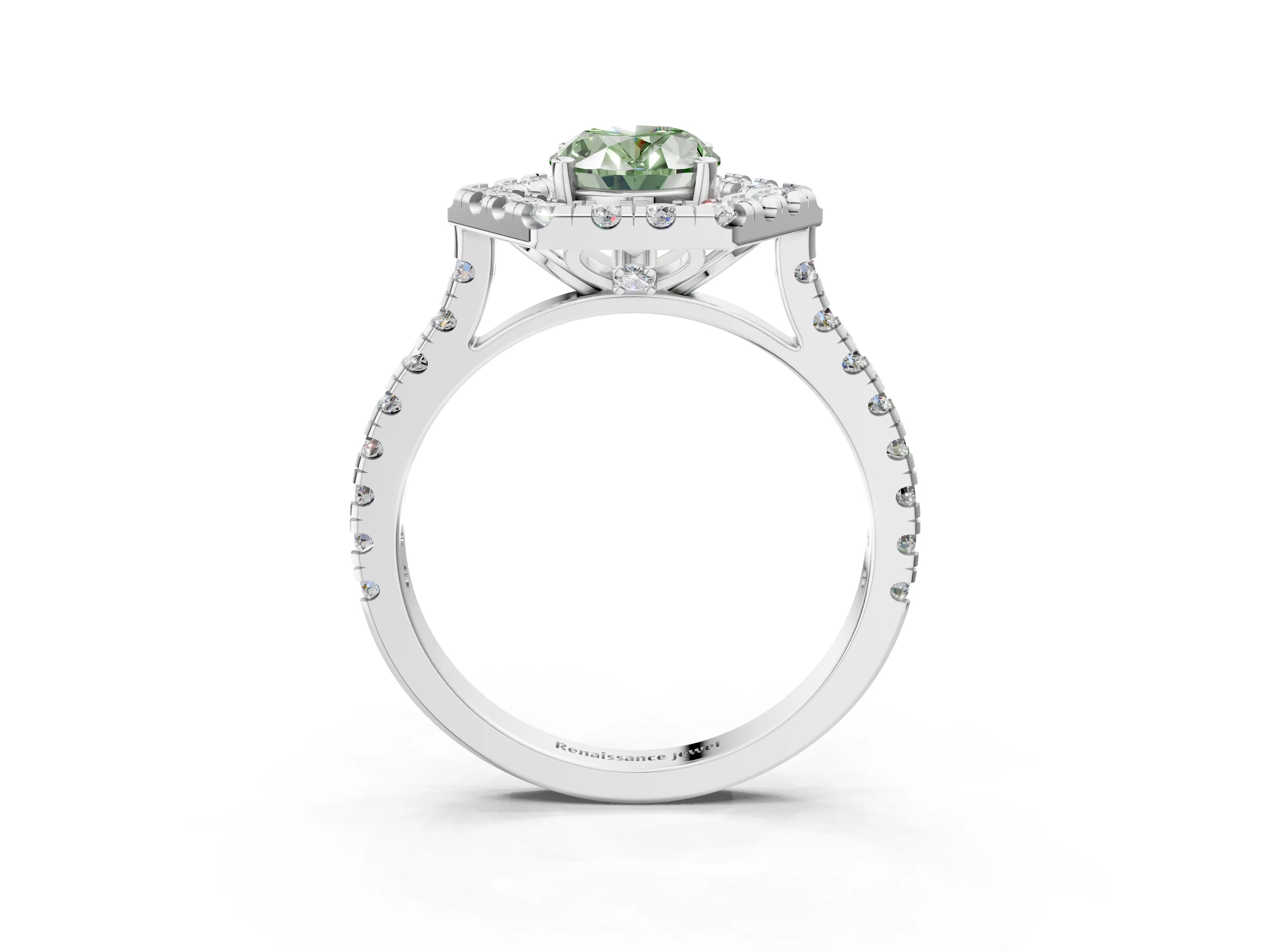 White gold Hexagonal Halo Fancy Green Oval Cut Diamond Pavé Band with Four-Prong Setting_3