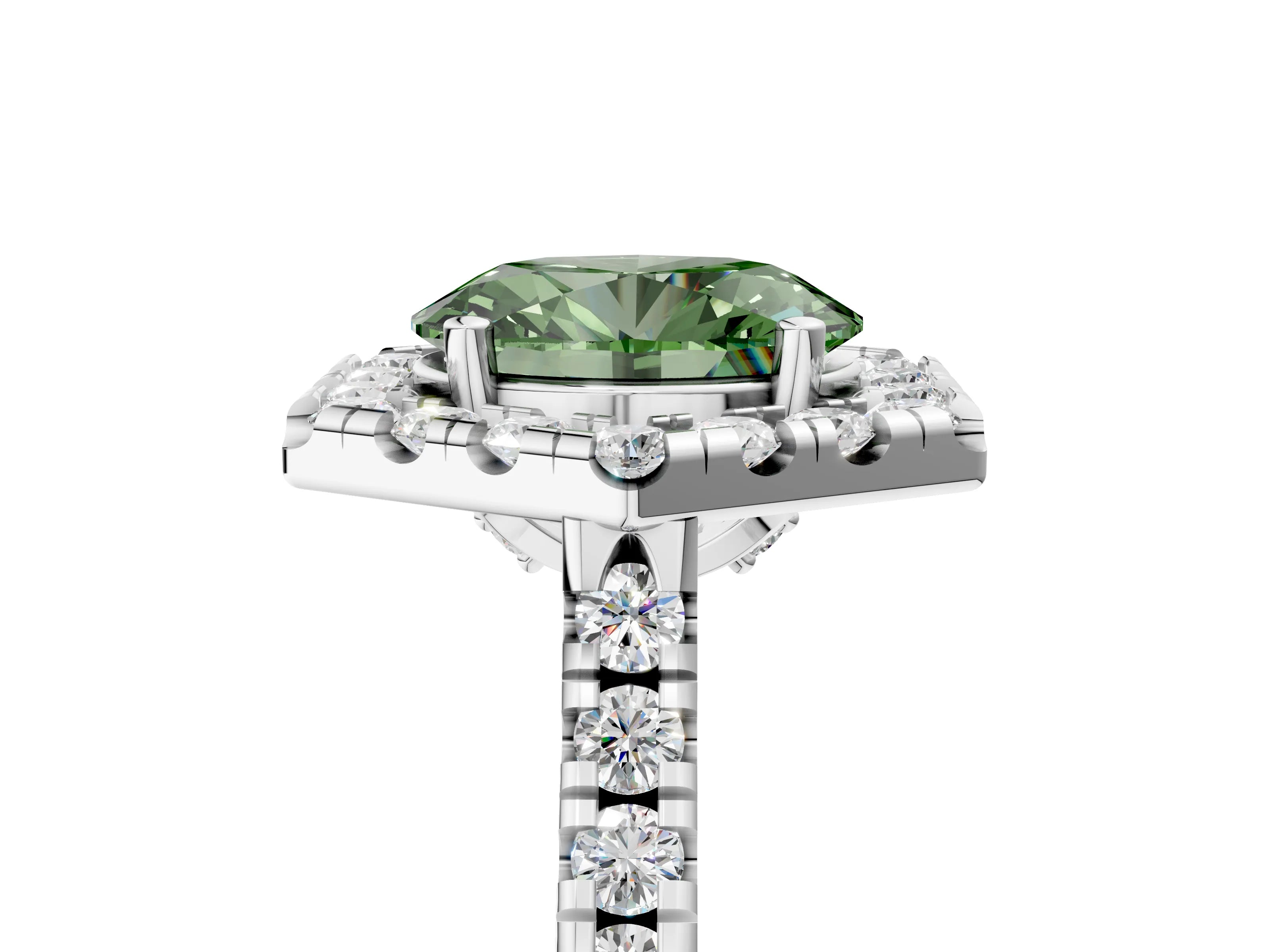 White gold Hexagonal Halo Fancy Green Oval Cut Diamond Pavé Band with Four-Prong Setting_5