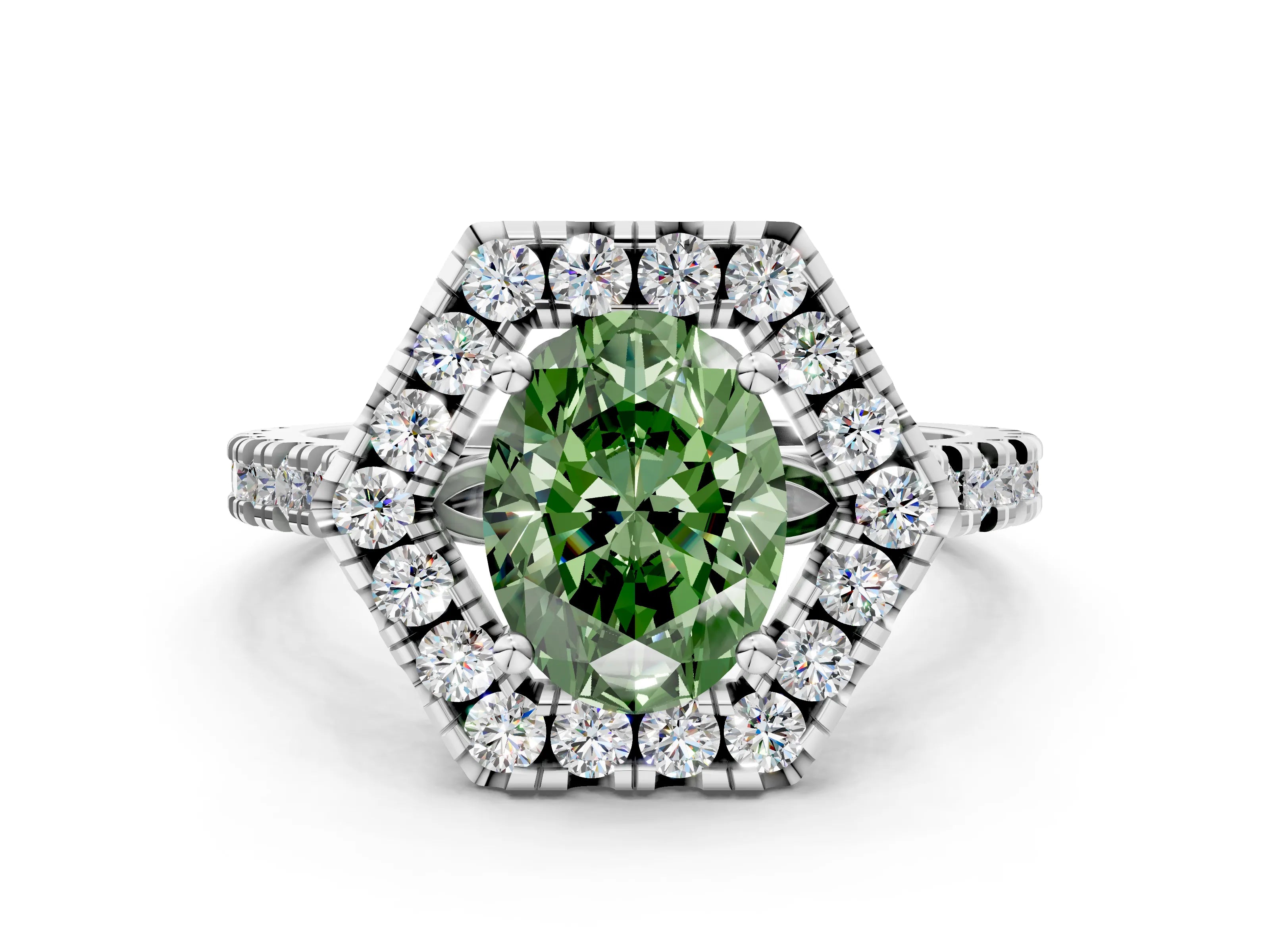 White gold Hexagonal Halo Fancy Green Oval Cut Diamond Pavé Band with Four-Prong Setting