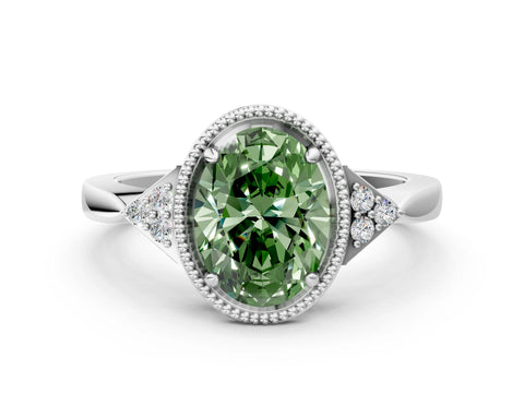 White gold Hexagonal Halo Fancy Green Oval Cut Diamond Solitaire with Pavé Band and Four-Prong Setting_15
