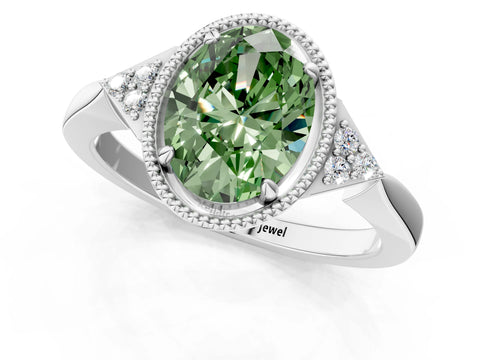 White gold Hexagonal Halo Fancy Green Oval Cut Diamond Solitaire with Pavé Band and Four-Prong Setting_16