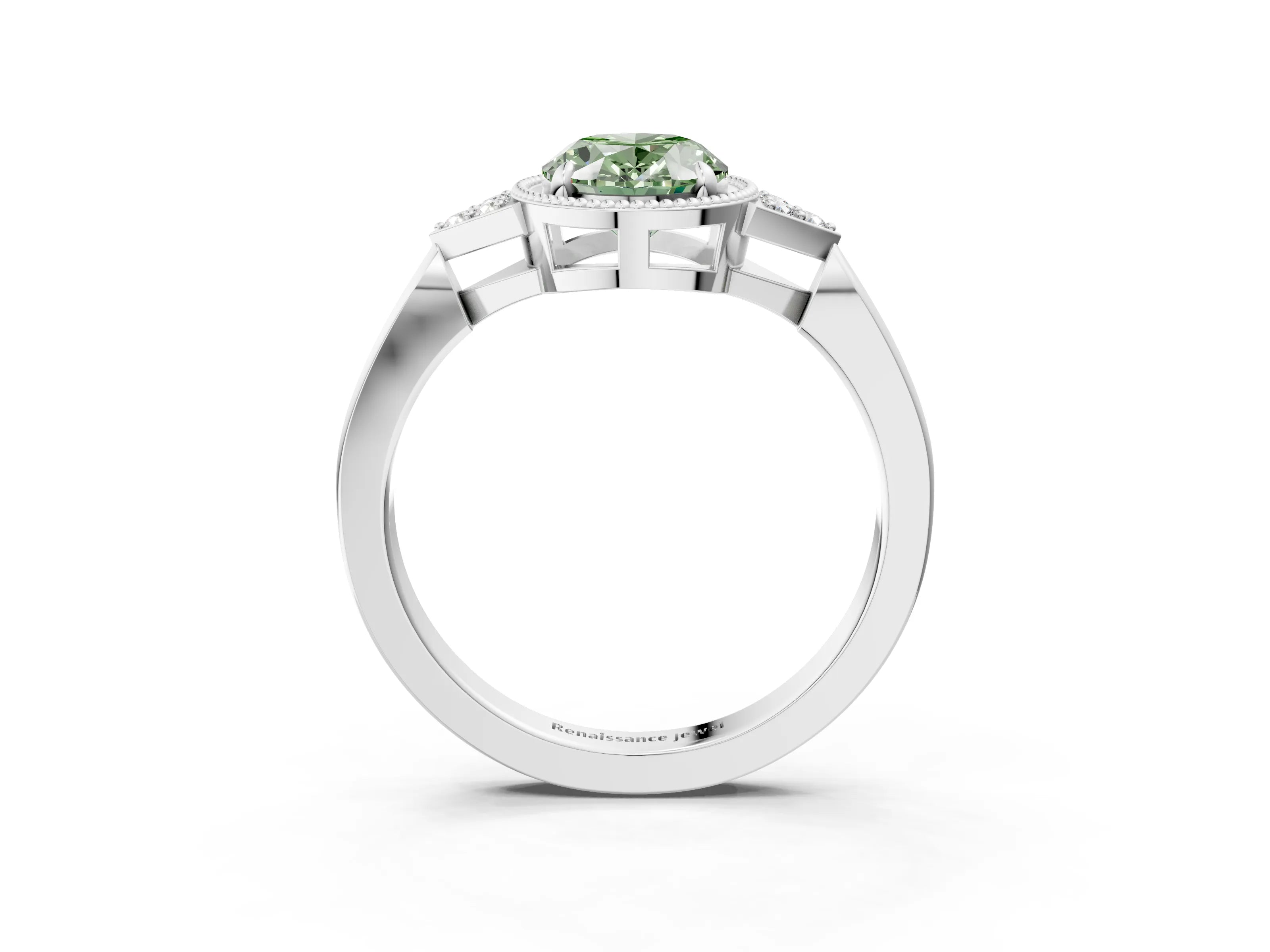 White gold Hexagonal Halo Fancy Green Oval Cut Diamond Solitaire with Pavé Band and Four-Prong Setting_18