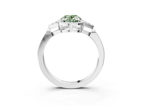 White gold Hexagonal Halo Fancy Green Oval Cut Diamond Solitaire with Pavé Band and Four-Prong Setting_18