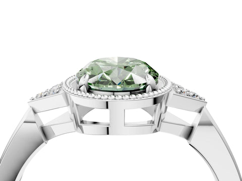White gold Hexagonal Halo Fancy Green Oval Cut Diamond Solitaire with Pavé Band and Four-Prong Setting_19