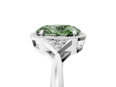 White gold Hexagonal Halo Fancy Green Oval Cut Diamond Solitaire with Pavé Band and Four-Prong Setting_20