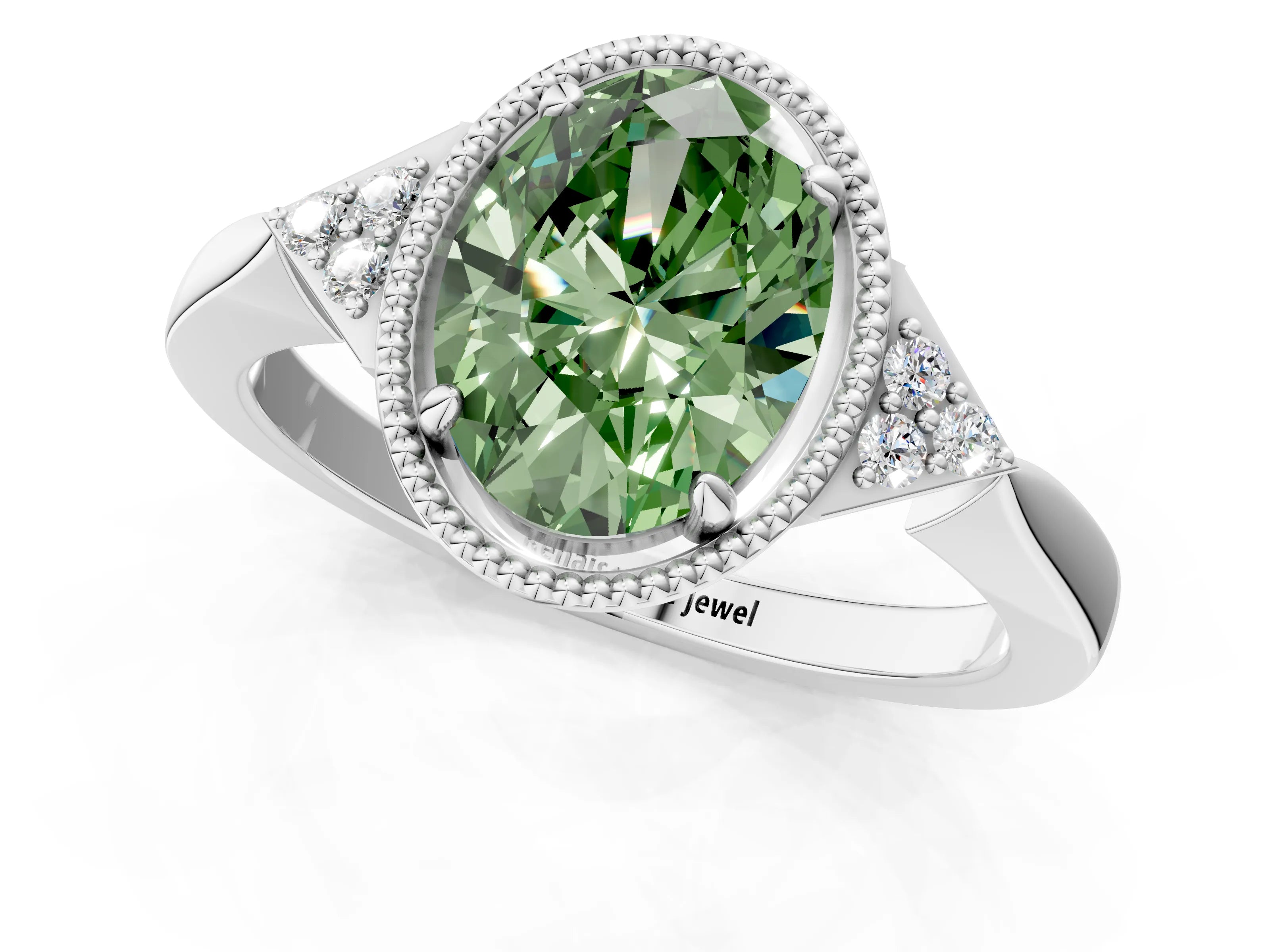 White gold Hexagonal Halo Fancy Green Oval Cut Diamond Solitaire with Pavé Band and Four-Prong Setting_4
