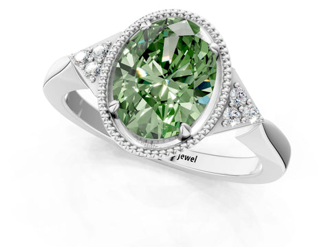White gold Hexagonal Halo Fancy Green Oval Cut Diamond Solitaire with Pavé Band and Four-Prong Setting_4