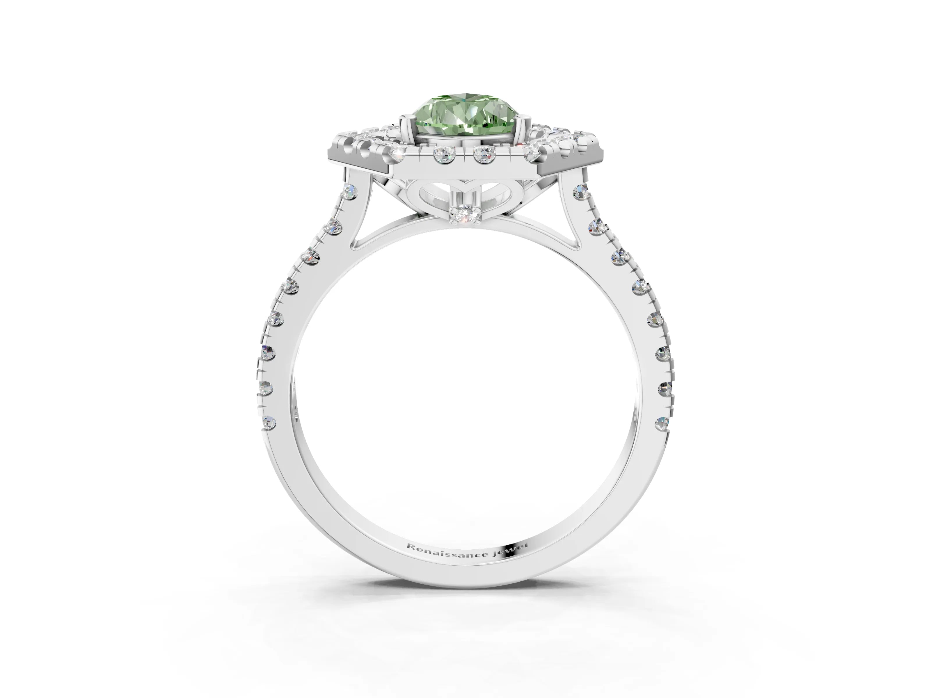 White gold Hexagonal Halo Fancy Green Pear Cut Diamond Pavé Band with Four-Prong Setting_3